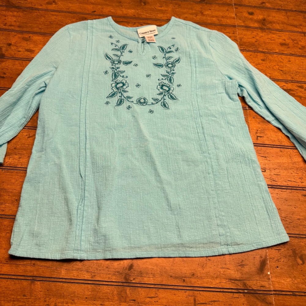 Country Store Turquoise Embroidered Cotton‎ Tunic Top Women's Size M